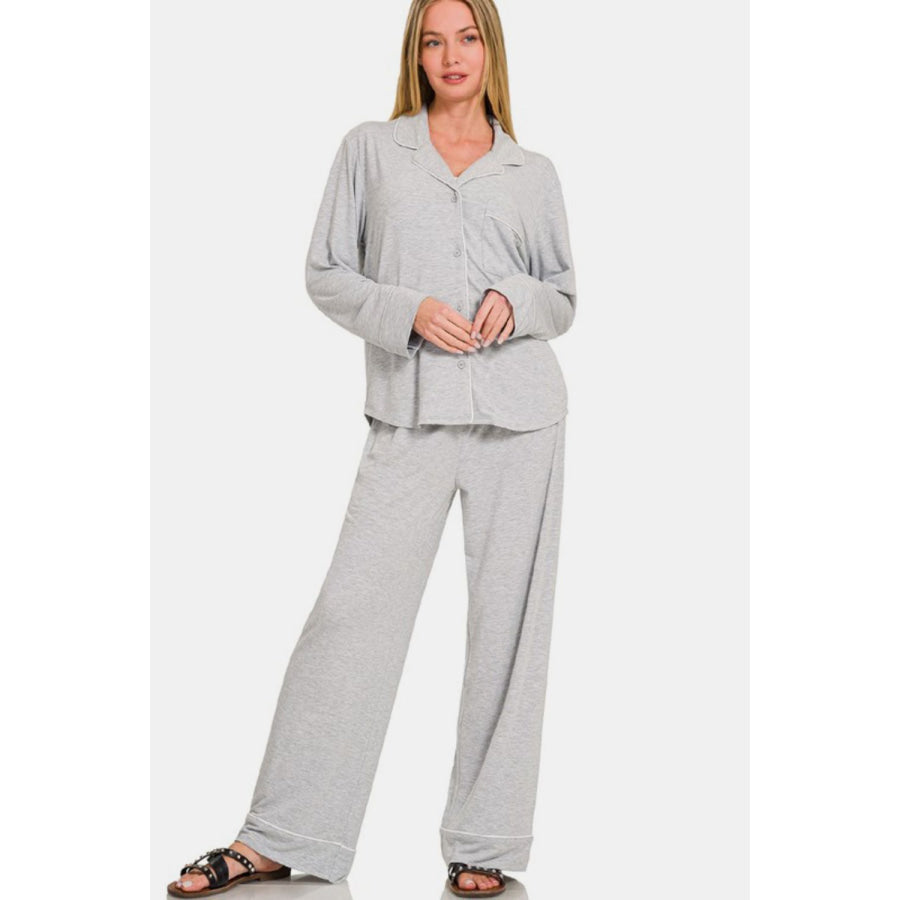 Zenana Button Down Long Sleeve Top and Pants Lounge Set Light Gray / S Apparel and Accessories