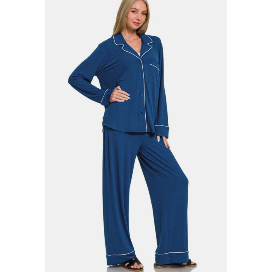 Zenana Button Down Long Sleeve Top and Pants Lounge Set Peacock Blue / S Apparel and Accessories