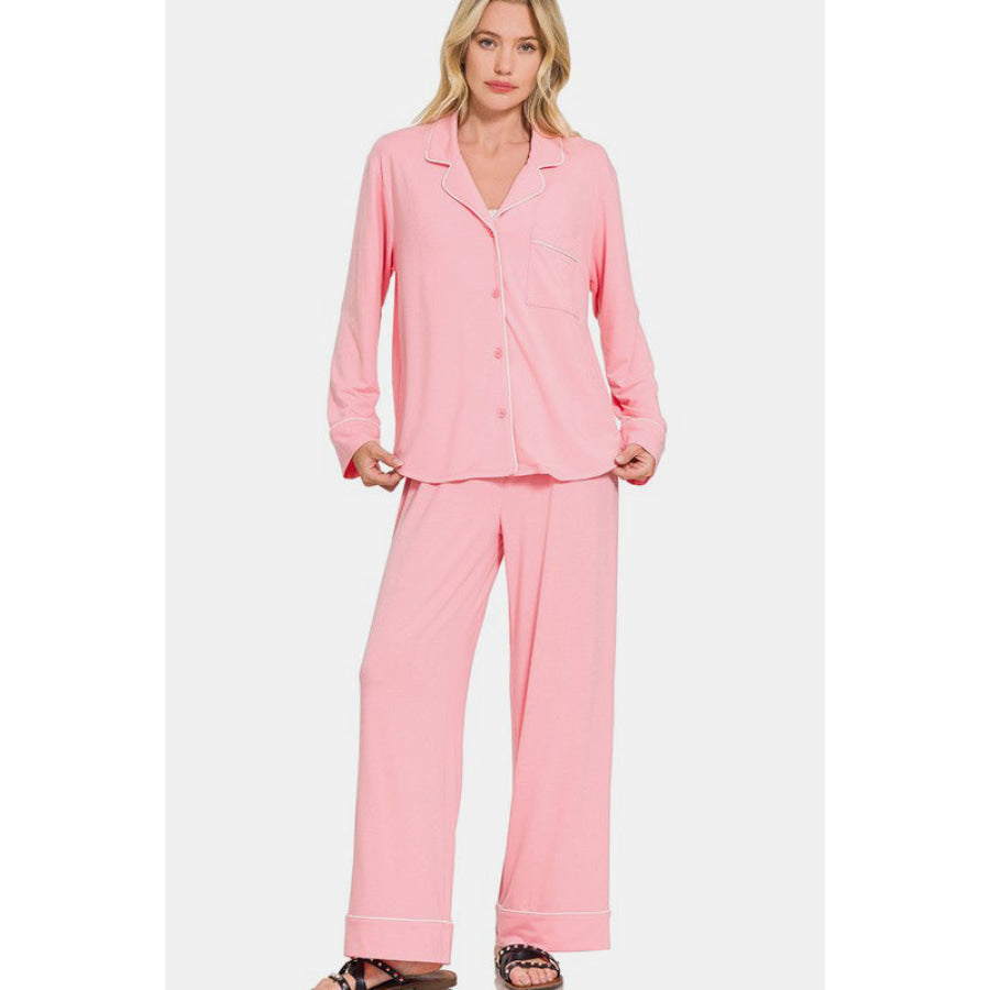 Zenana Button Down Long Sleeve Top and Pants Lounge Set Pink / S Apparel and Accessories