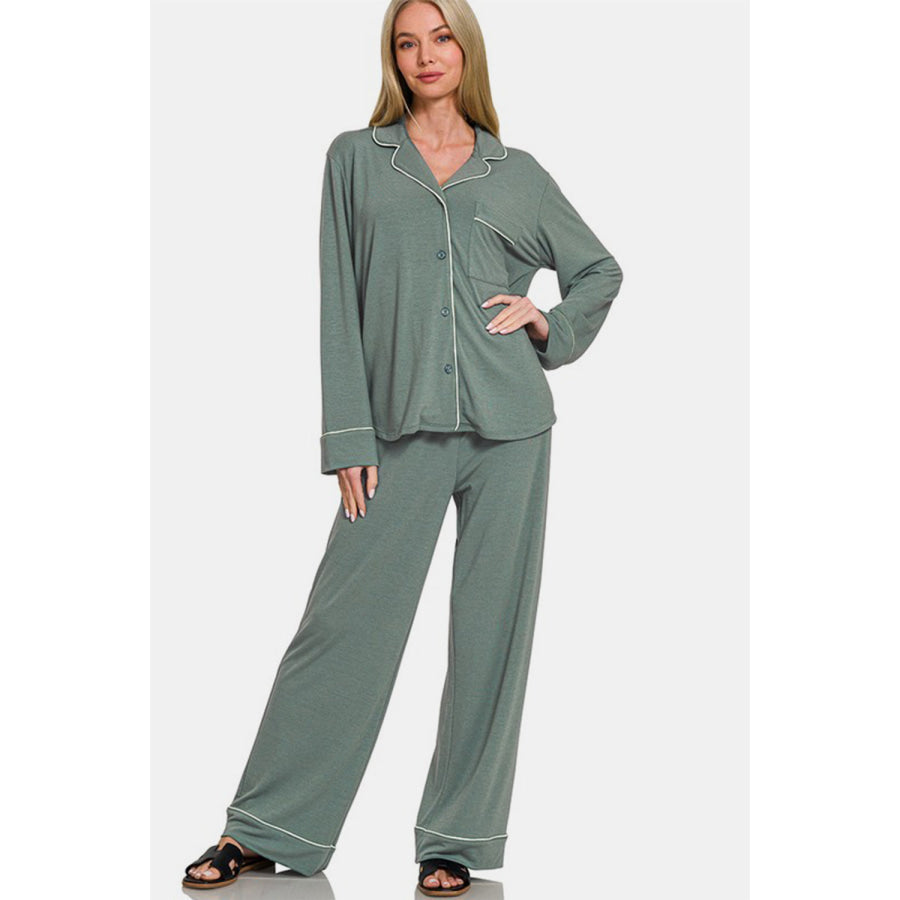 Zenana Button Down Long Sleeve Top and Pants Lounge Set Sage / S Apparel and Accessories