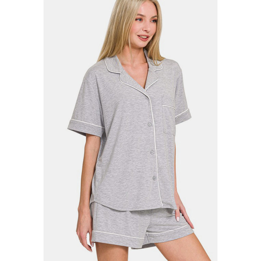 Zenana Button Down Short Sleeve Top and Shorts Lounge Set Apparel and Accessories