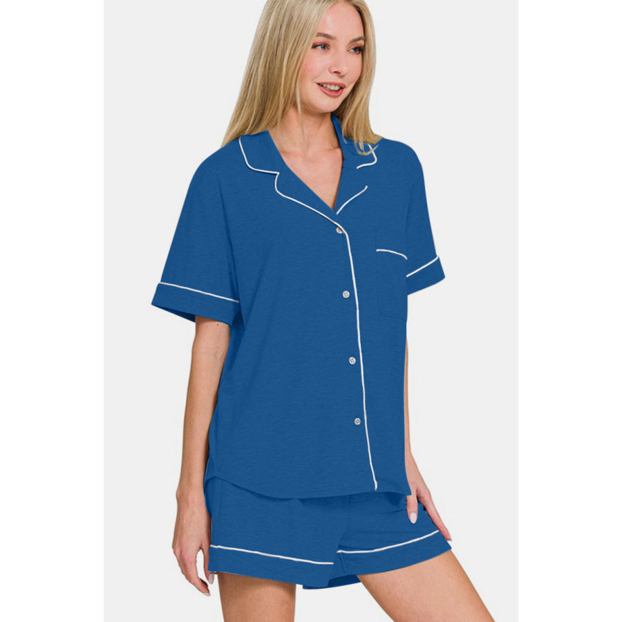 Zenana Button Down Short Sleeve Top and Shorts Lounge Set Classic Blue / S Apparel and Accessories