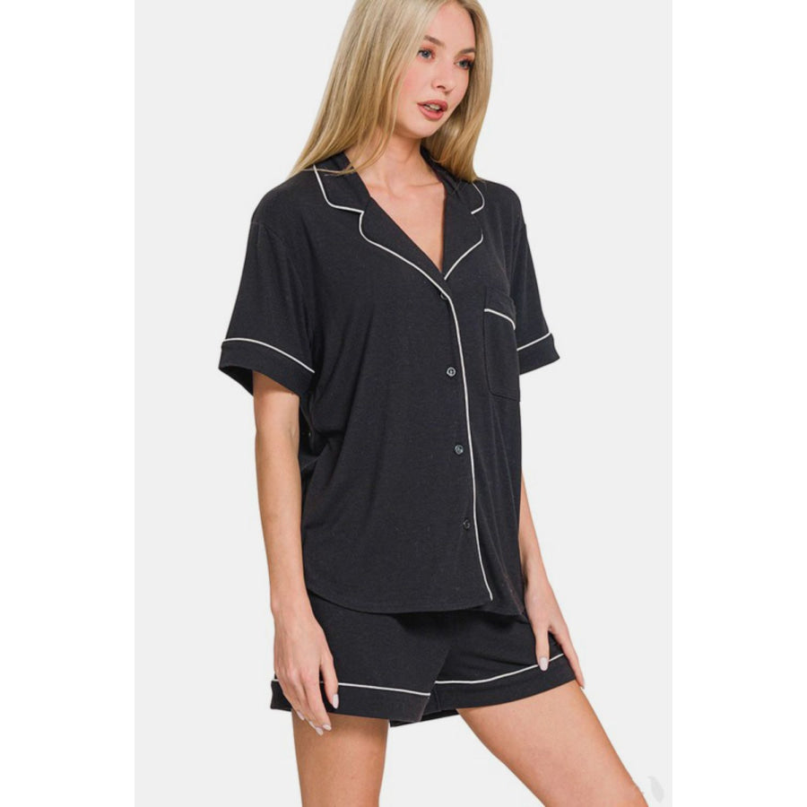 Zenana Button Down Short Sleeve Top and Shorts Lounge Set Apparel and Accessories