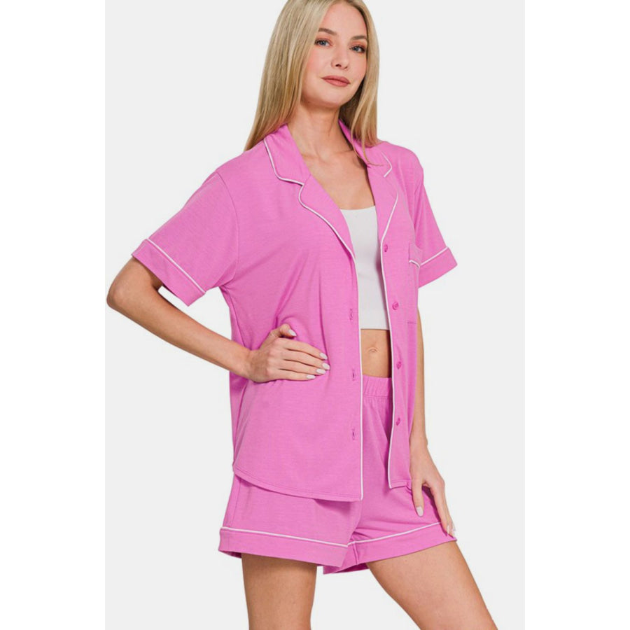 Zenana Button Down Short Sleeve Top and Shorts Lounge Set Apparel and Accessories