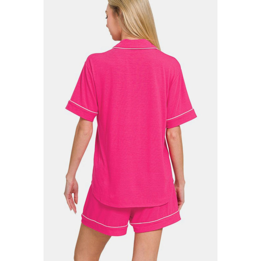 Zenana Button Down Short Sleeve Top and Shorts Lounge Set Hot Pink / S Apparel and Accessories