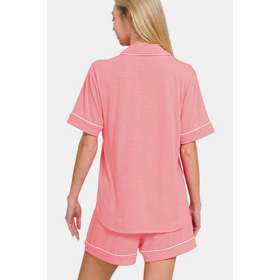 Zenana Button Down Short Sleeve Top and Shorts Lounge Set DK PINK / S Apparel and Accessories