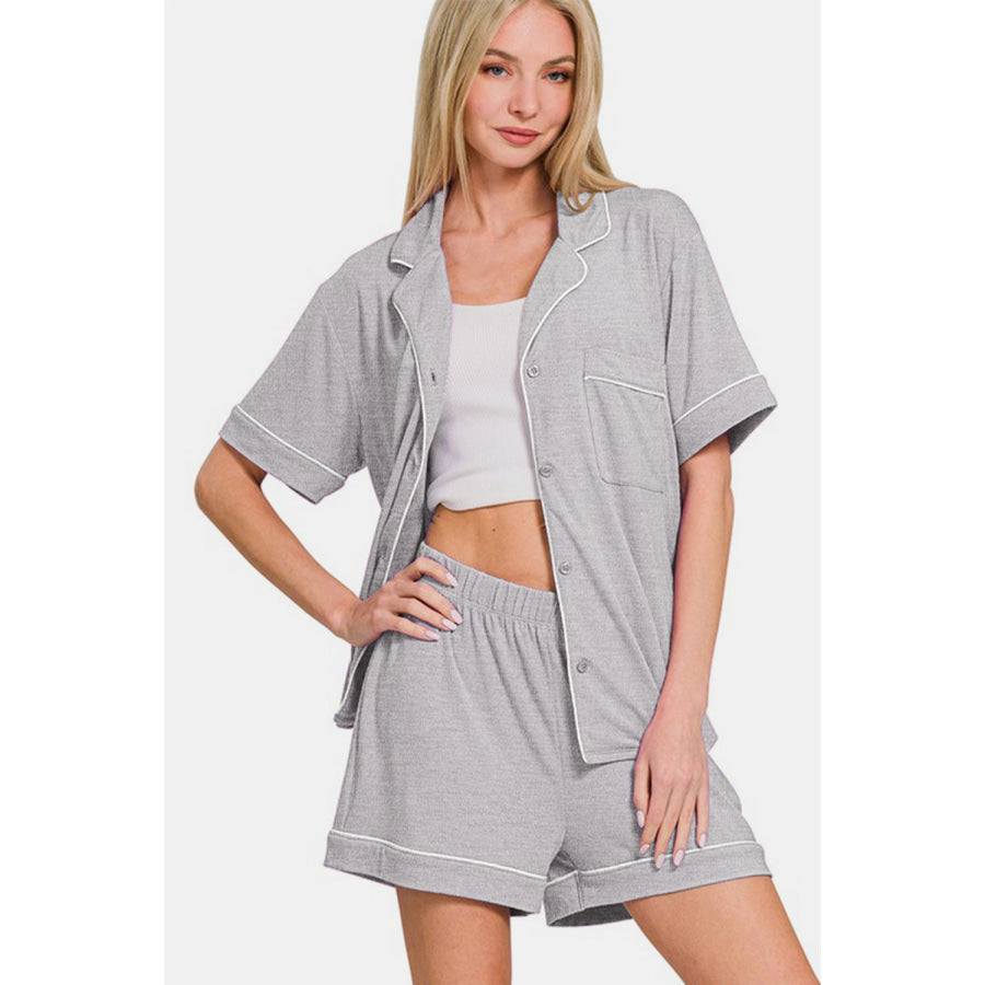 Zenana Button Down Short Sleeve Top and Shorts Lounge Set Apparel and Accessories