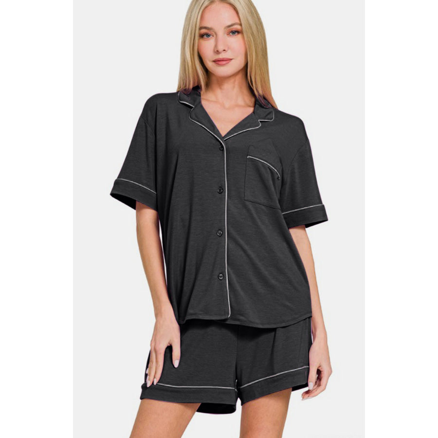 Zenana Button Down Short Sleeve Top and Shorts Lounge Set Apparel and Accessories