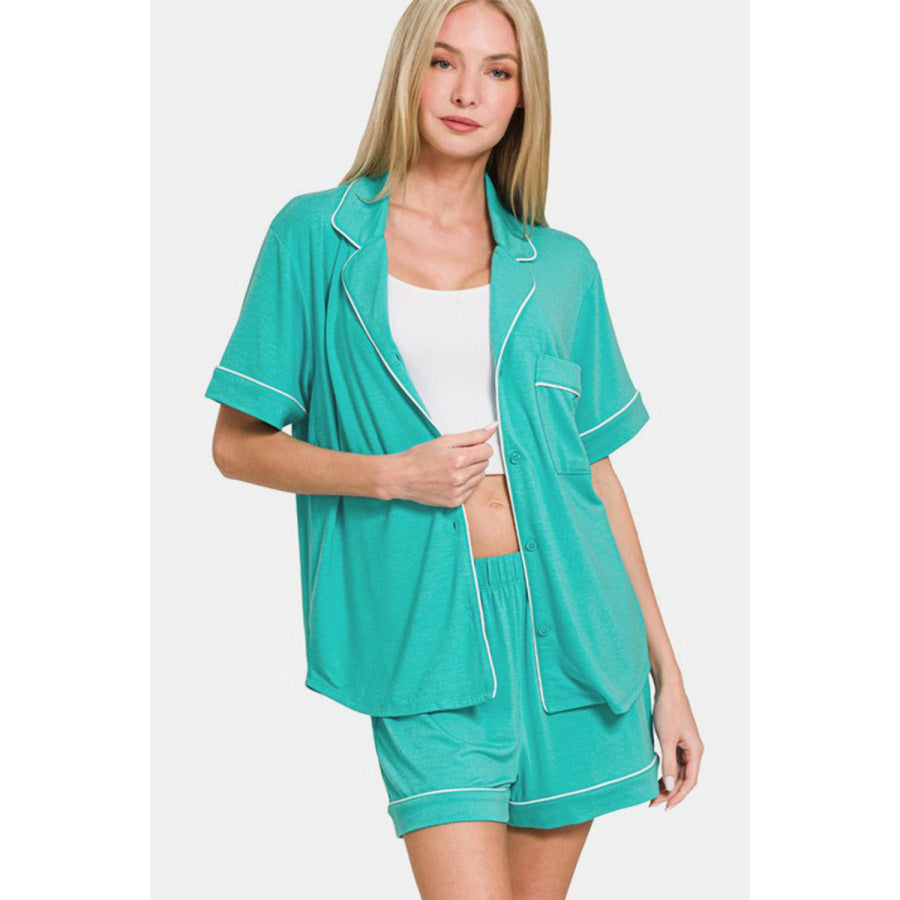 Zenana Button Down Short Sleeve Top and Shorts Lounge Set Apparel and Accessories