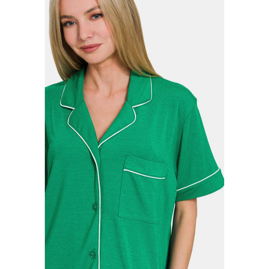 Zenana Button Down Short Sleeve Top and Shorts Lounge Set K Green / S Apparel and Accessories