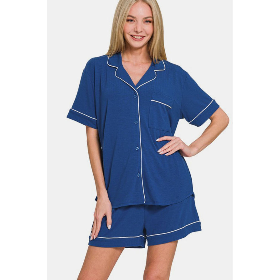 Zenana Button Down Short Sleeve Top and Shorts Lounge Set Apparel and Accessories