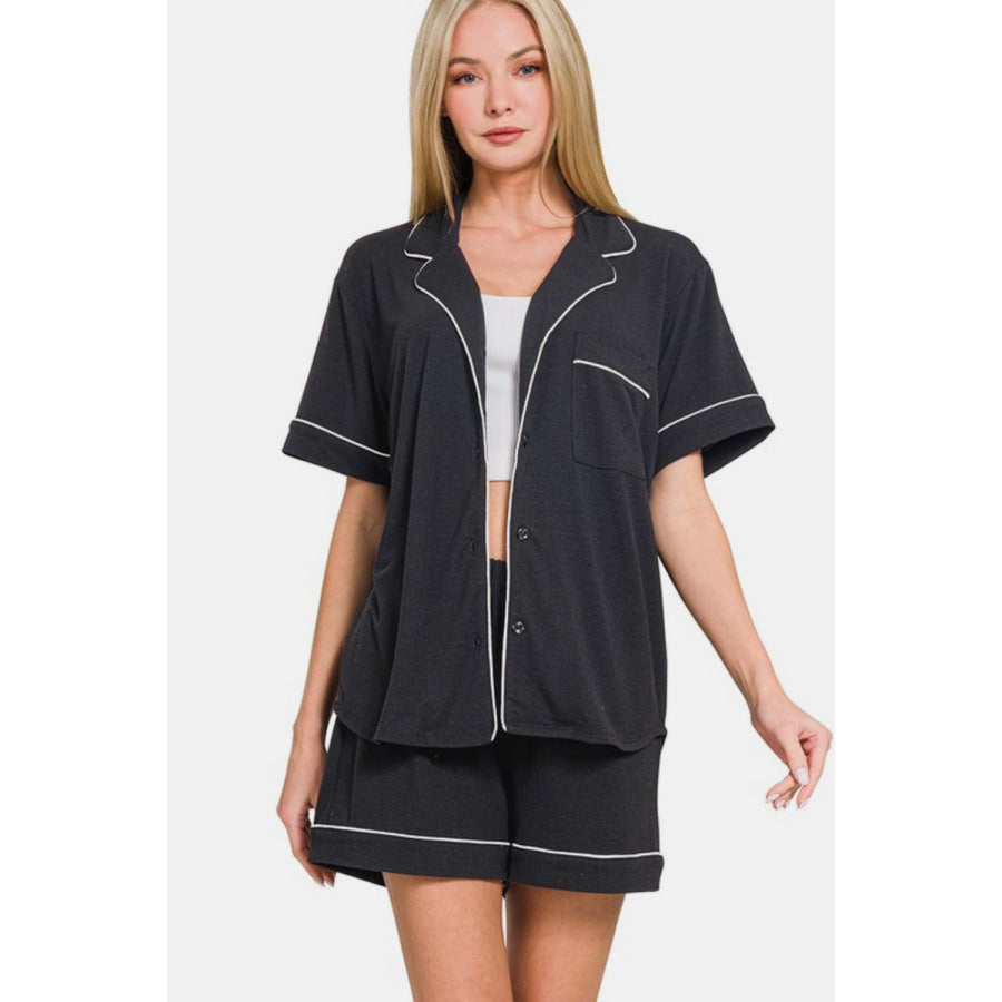 Zenana Button Down Short Sleeve Top and Shorts Lounge Set Black / S Apparel and Accessories