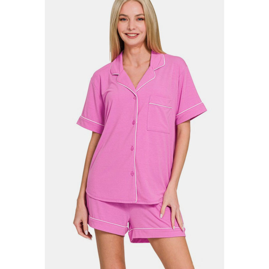 Zenana Button Down Short Sleeve Top and Shorts Lounge Set BRIGHT MAUVE / S Apparel and Accessories