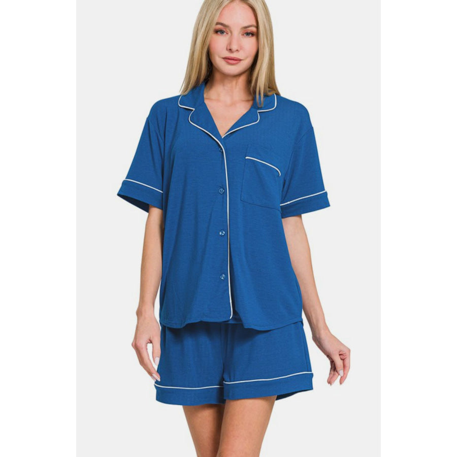 Zenana Button Down Short Sleeve Top and Shorts Lounge Set Classic Blue / S Apparel and Accessories