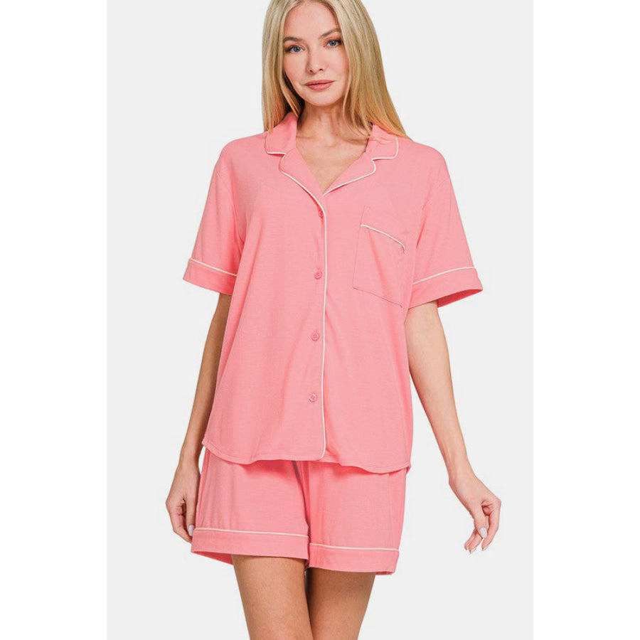 Zenana Button Down Short Sleeve Top and Shorts Lounge Set DK PINK / S Apparel and Accessories