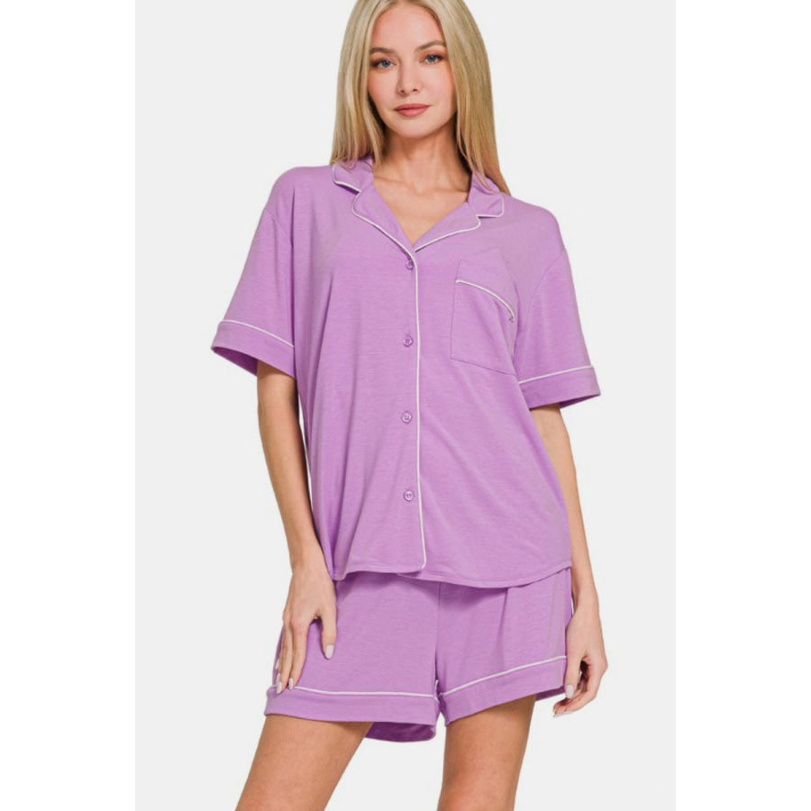 Zenana Button Down Short Sleeve Top and Shorts Lounge Set Heliotrope Purple / S Apparel and Accessories