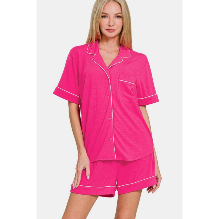 Zenana Button Down Short Sleeve Top and Shorts Lounge Set Hot Pink / S Apparel and Accessories