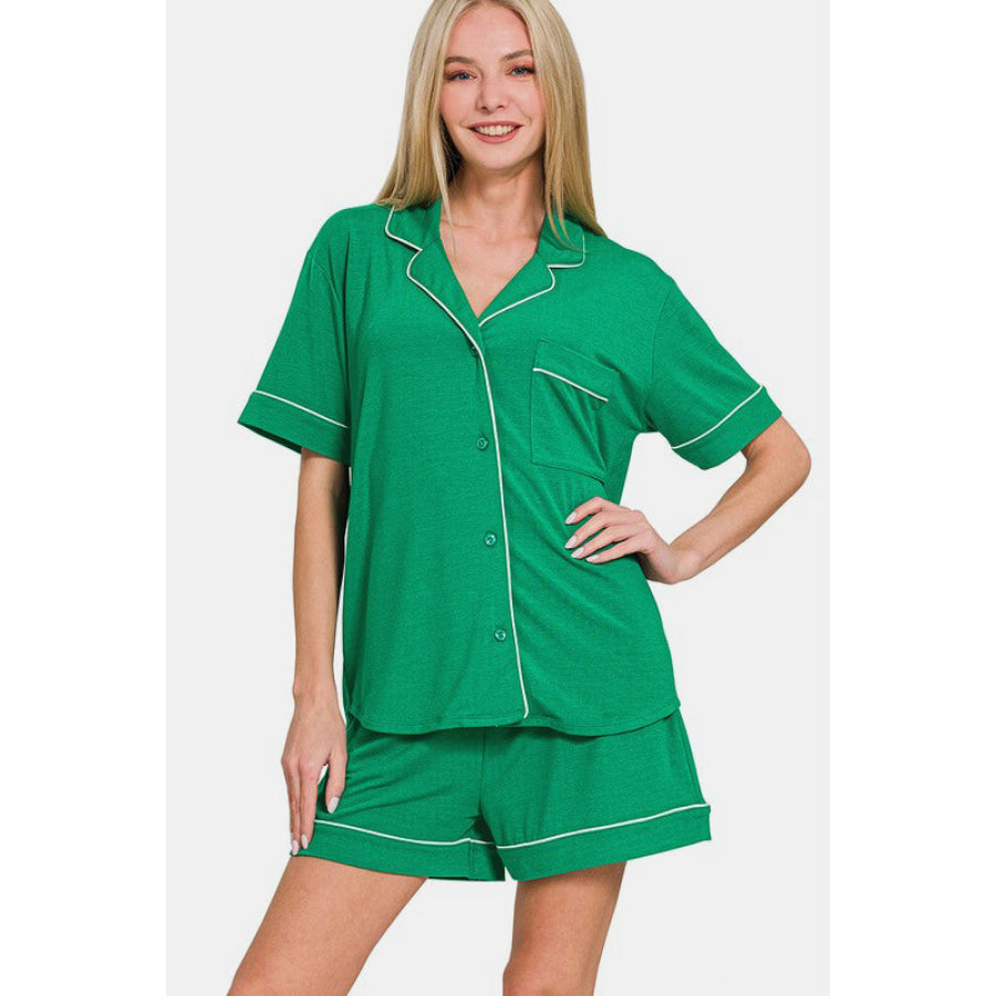 Zenana Button Down Short Sleeve Top and Shorts Lounge Set K Green / S Apparel and Accessories