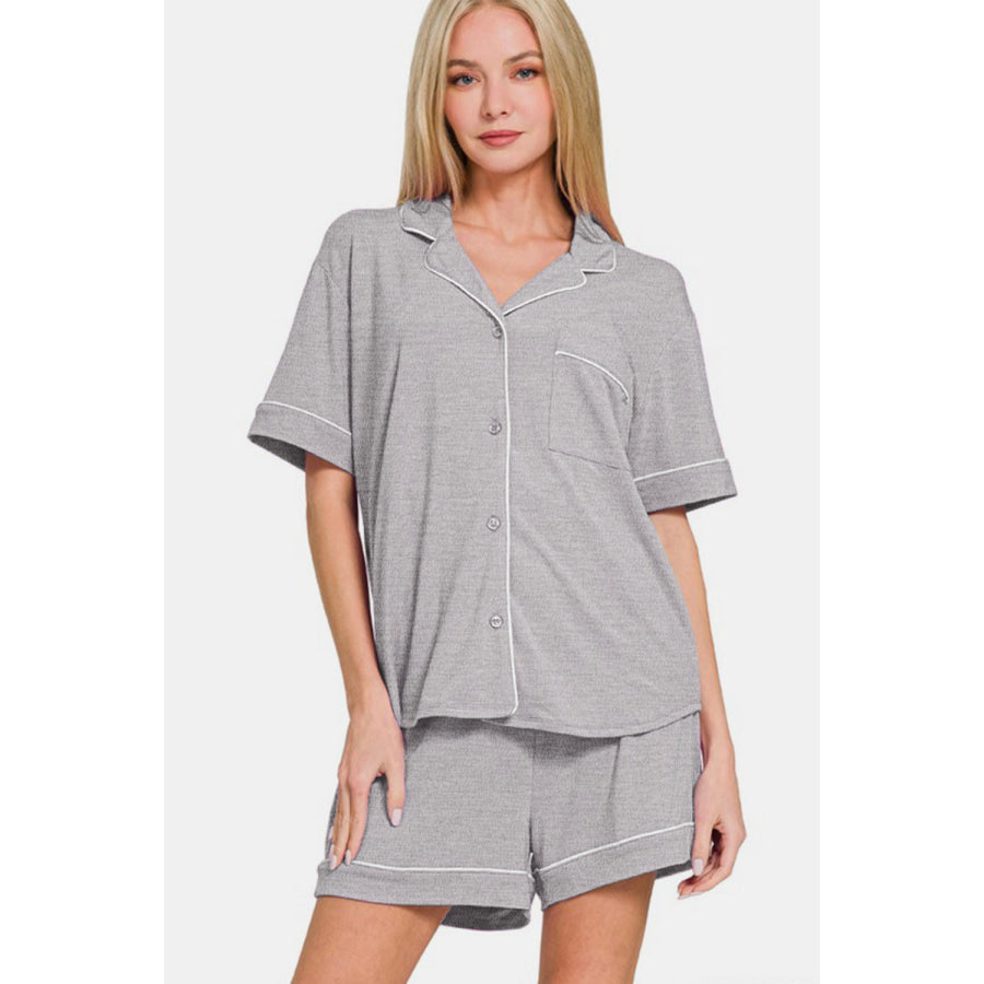 Zenana Button Down Short Sleeve Top and Shorts Lounge Set Light Gray / S Apparel and Accessories