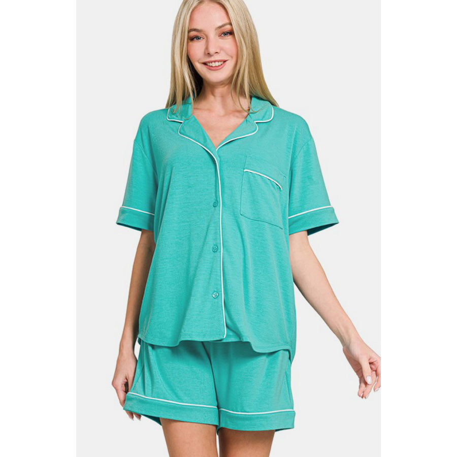 Zenana Button Down Short Sleeve Top and Shorts Lounge Set Turquoise / S Apparel and Accessories