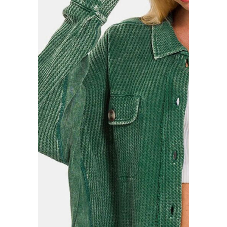 Zenana Button Up Washed Waffle Shacket DKGREEN / S/M Apparel and Accessories