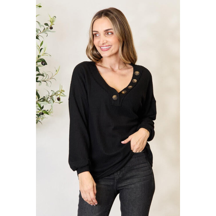 Zenana Buttoned Long Sleeve Blouse Black / S Apparel and Accessories