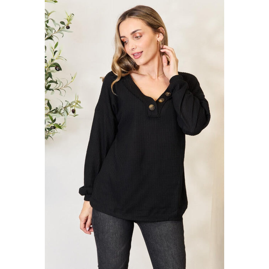 Zenana Buttoned Long Sleeve Blouse Black / S Apparel and Accessories