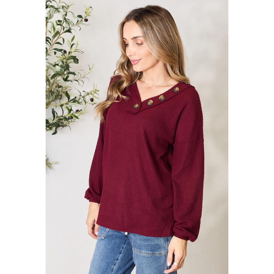 Zenana Buttoned V-Neck Long Sleeve Blouse Dark Burgundy / S Apparel and Accessories