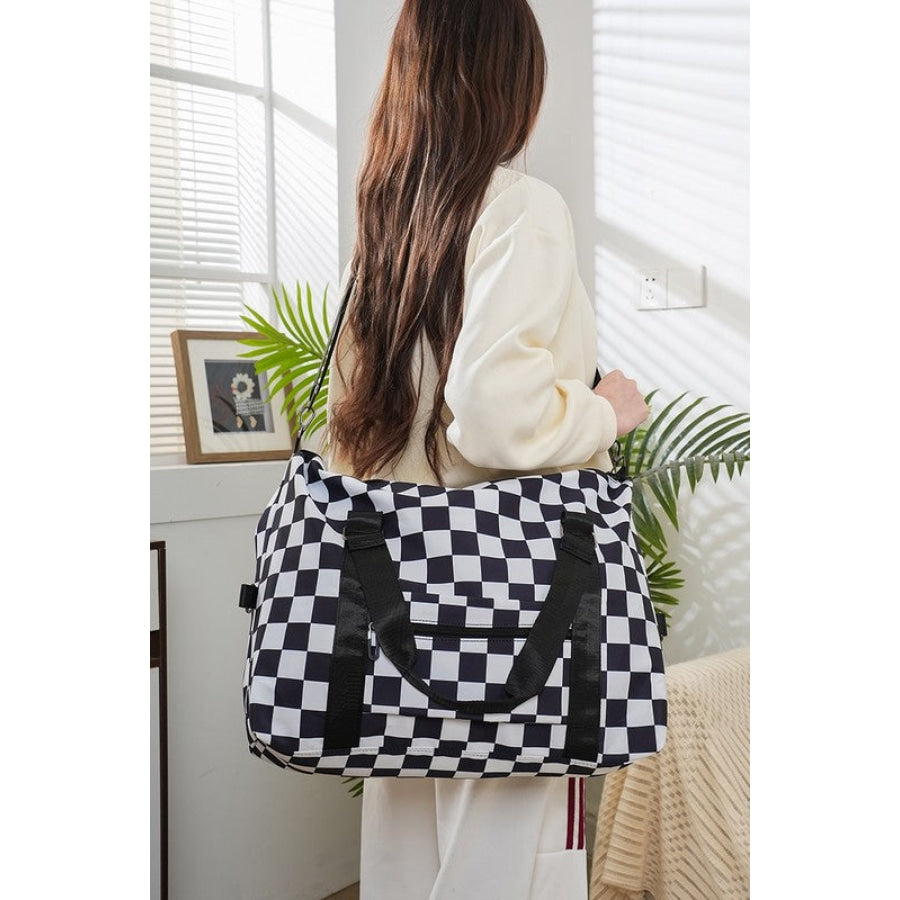 Zenana Checkered Multi-Pocket Travel Bag Black / One Size Apparel and Accessories