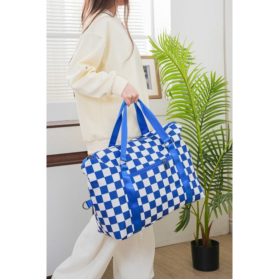 Zenana Checkered Multi-Pocket Travel Bag Blue / One Size Apparel and Accessories