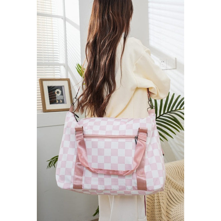 Zenana Checkered Multi-Pocket Travel Bag Blush Pink / One Size Apparel and Accessories