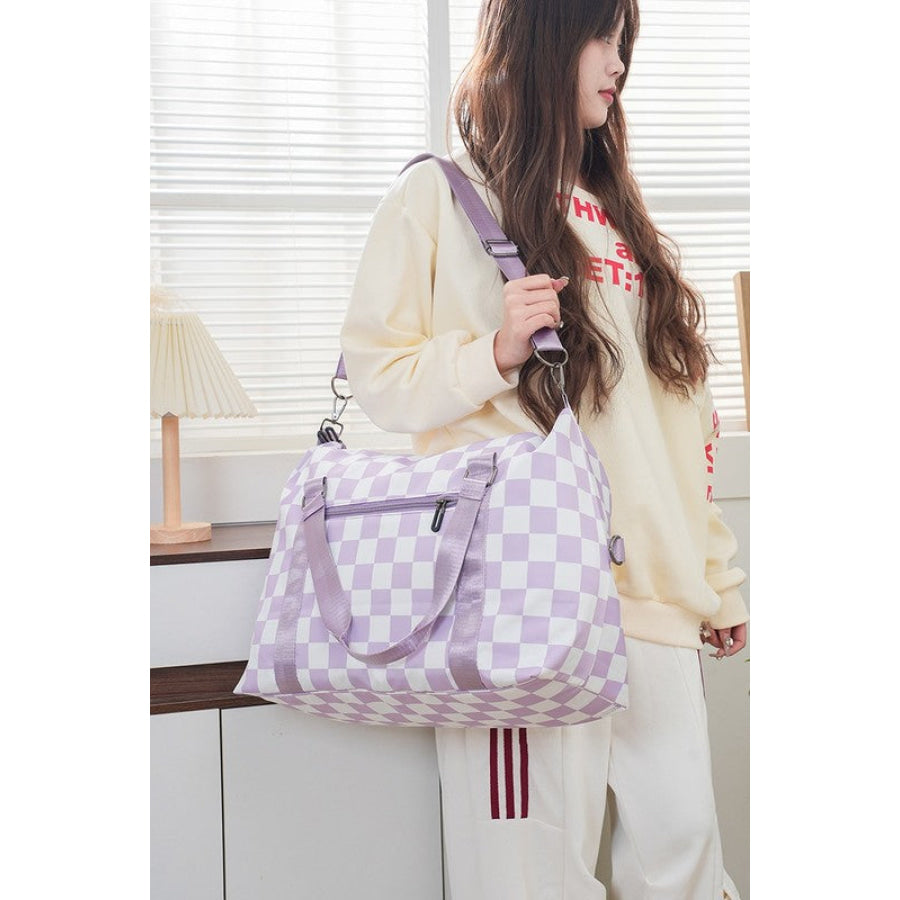 Zenana Checkered Multi-Pocket Travel Bag Lavender / One Size Apparel and Accessories