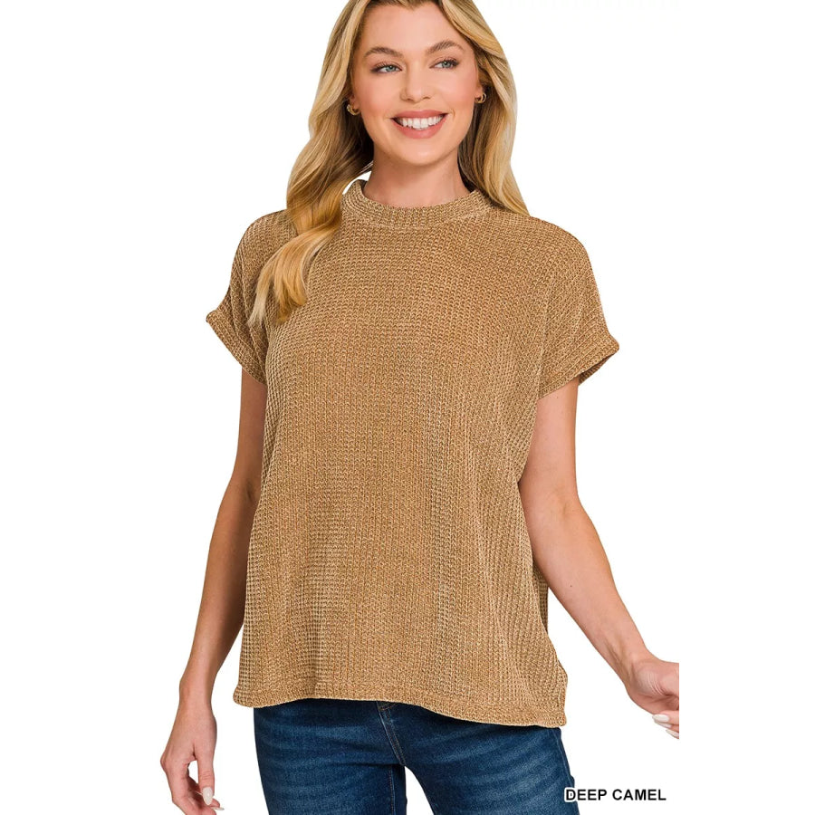 Zenana Chenille Waffle Cap Sleeve Sweater DEEP CAMEL / S Apparel and Accessories