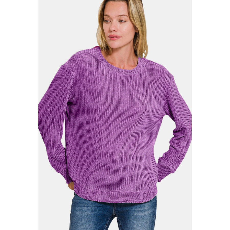 Zenana Chenille Waffle Round Neck Sweater Apparel and Accessories