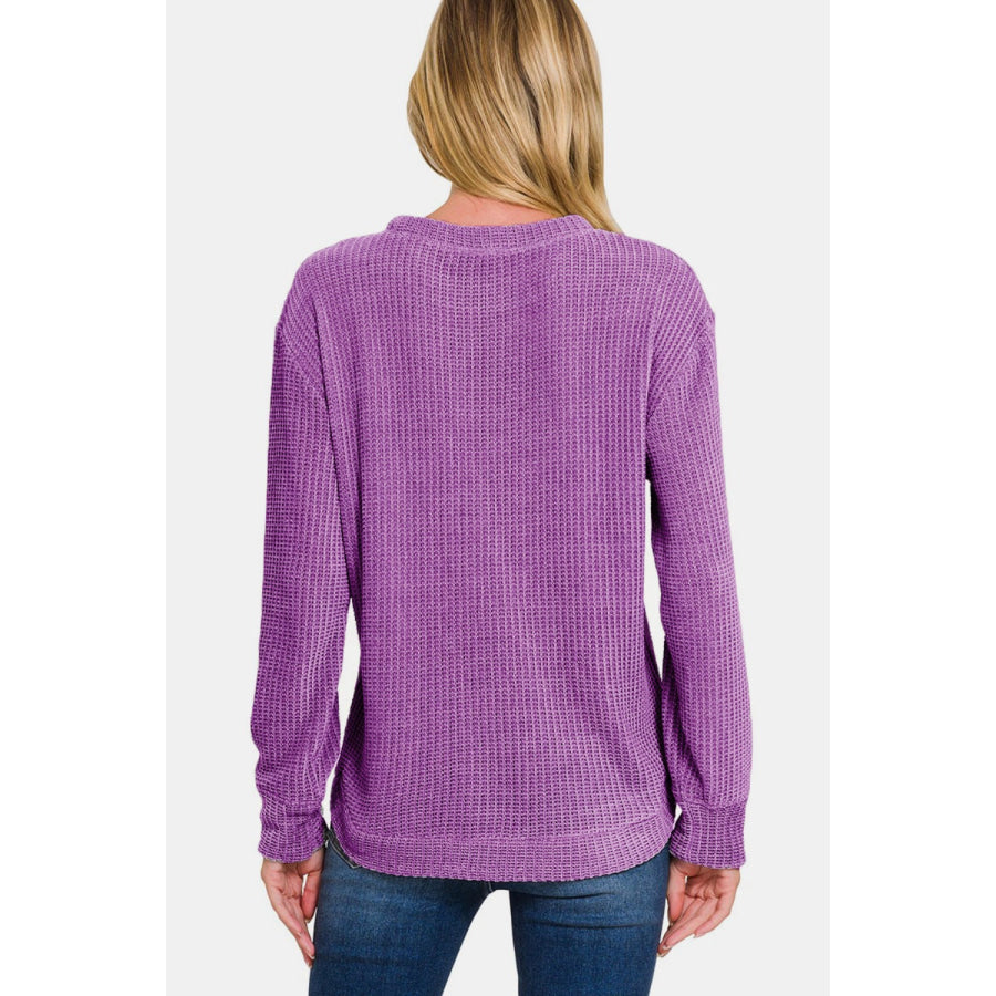 Zenana Chenille Waffle Round Neck Sweater Apparel and Accessories