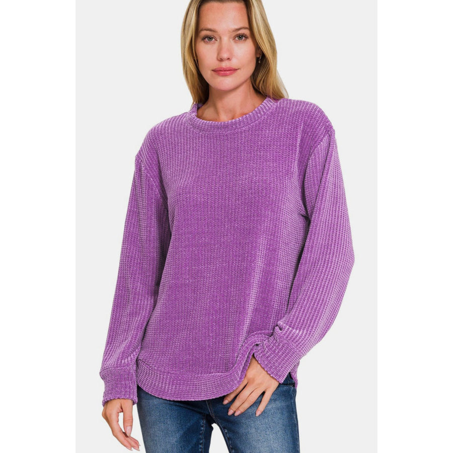 Zenana Chenille Waffle Round Neck Sweater Violet / S Apparel and Accessories