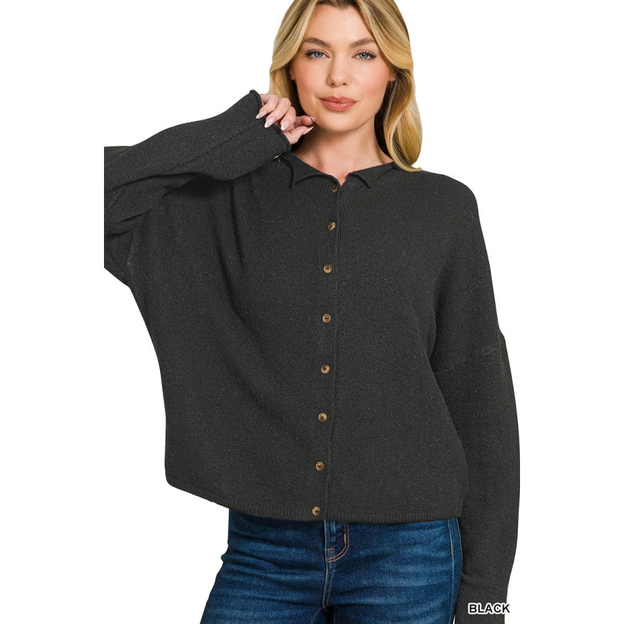 Zenana Collared Button Down Cardigan Sweater BLACK / S Apparel and Accessories