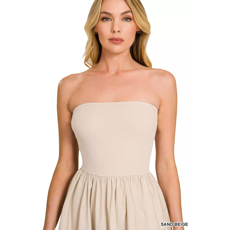 Zenana Combined Knit Tube Top Flare Mini Dress SAND BEIGE / S Apparel and Accessories