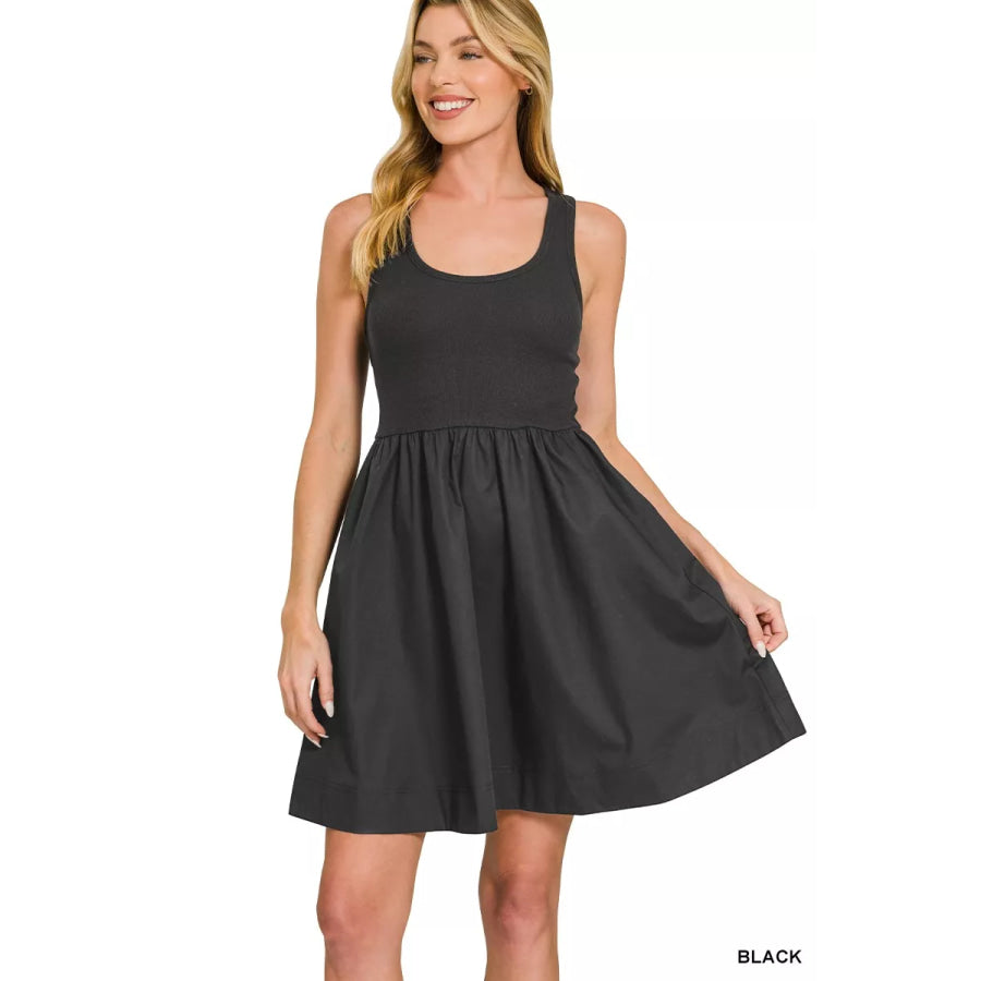 Zenana Combined Knit & Woven Midi Dress BLACK / S Apparel and Accessories