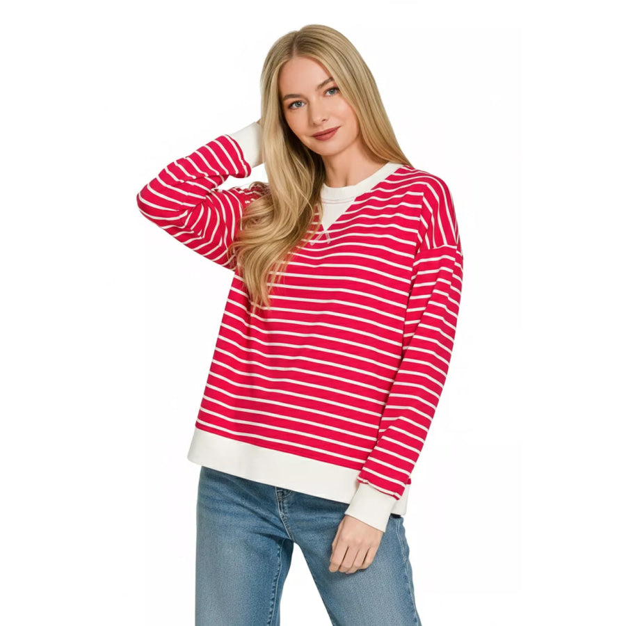 Zenana Contrast Striped Round Neck Sweatshirt RUBY / S Apparel and Accessories