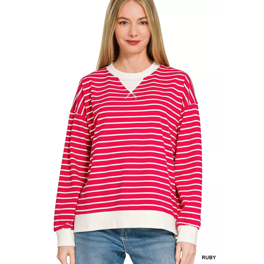 Zenana Contrast Striped Round Neck Sweatshirt RUBY / S Apparel and Accessories