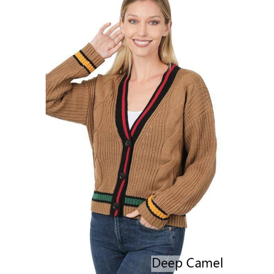 Zenana Contrast Trim Cable Knit Cardigan Deep Camel / S Cardigans