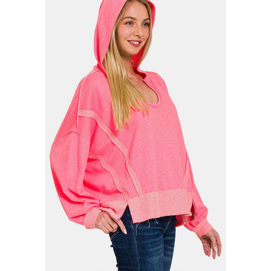 Zenana Contrast Trim Slit Hoodie Fuchsia / S/M Apparel and Accessories