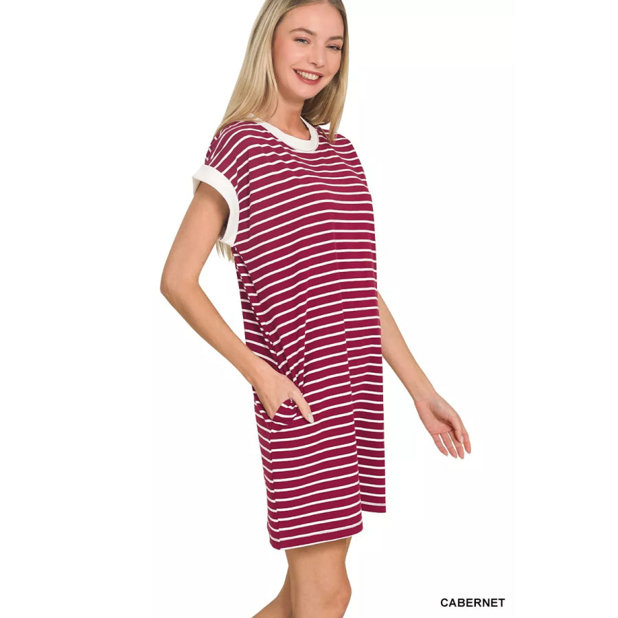 Zenana Contrast Trim Striped T-shirts Dress Apparel and Accessories