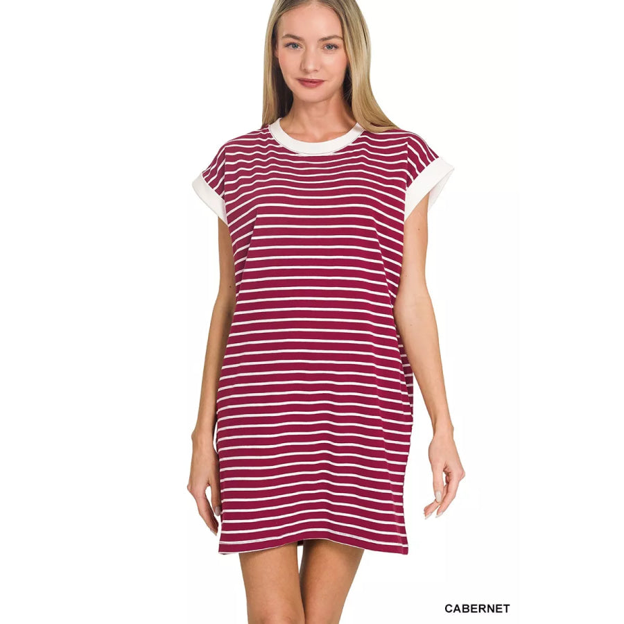 Zenana Contrast Trim Striped T-shirts Dress CABERNET / S Apparel and Accessories