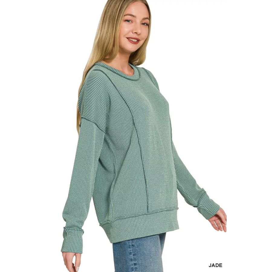 Zenana Corded Rib Long Sleeve Round Neck Top Apparel and Accessories
