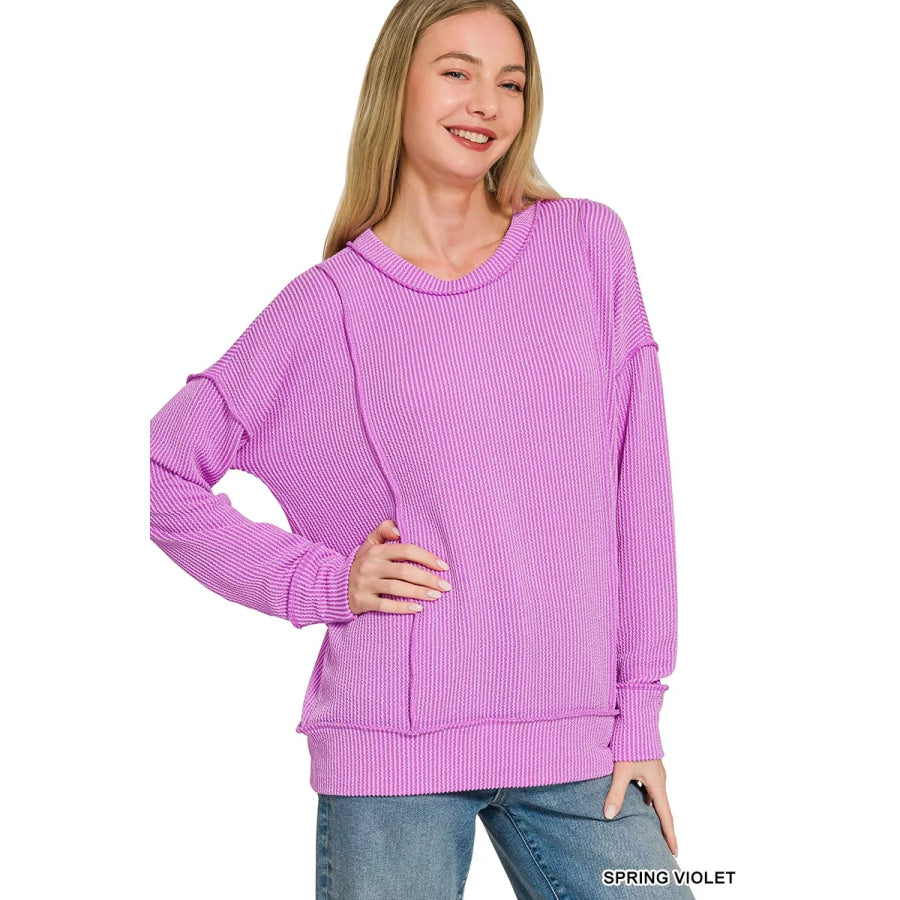 Zenana Corded Rib Long Sleeve Round Neck Top SPRING VIOLET / S Apparel and Accessories