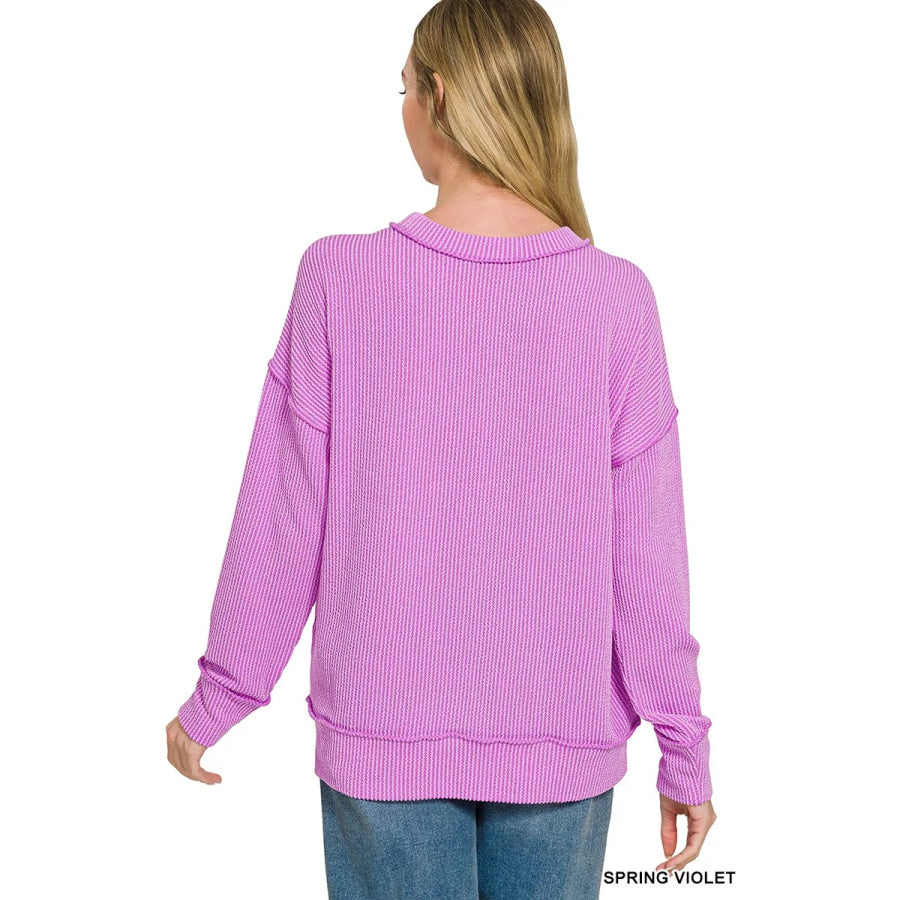 Zenana Corded Rib Long Sleeve Round Neck Top Apparel and Accessories