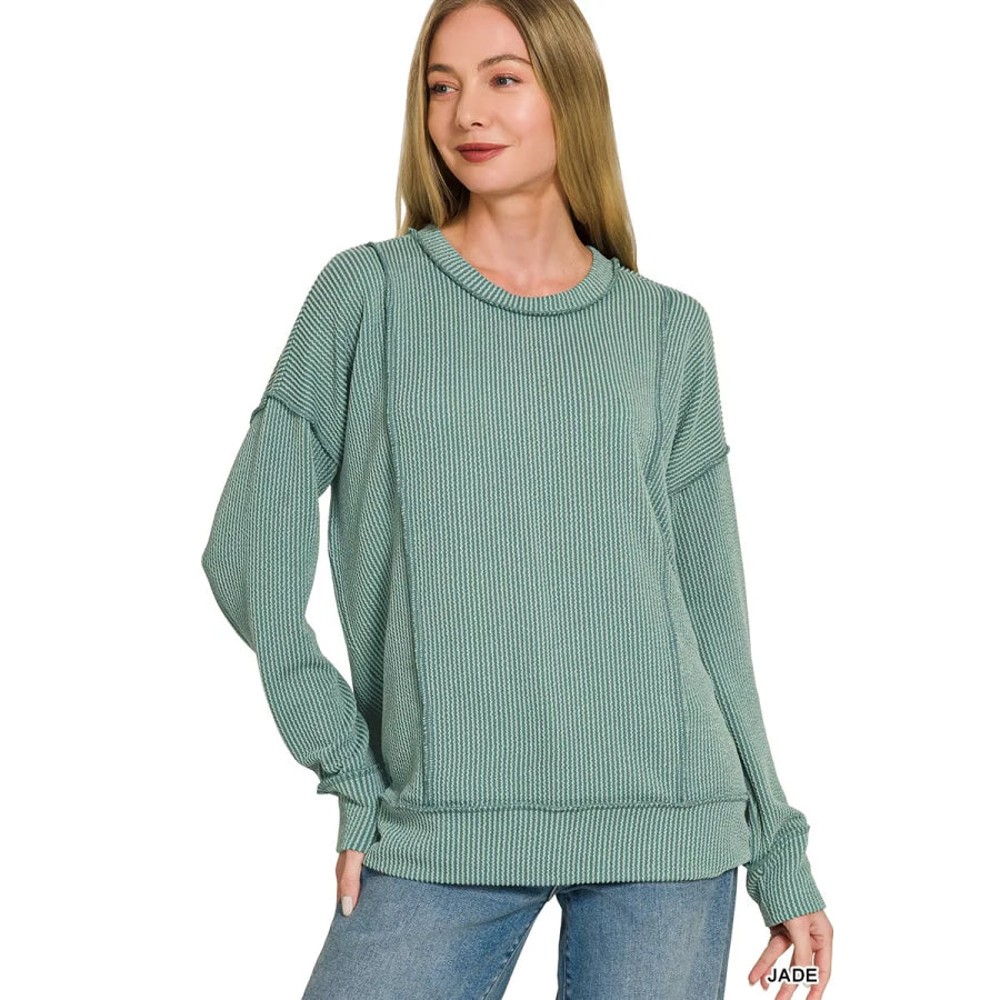Zenana Corded Rib Long Sleeve Round Neck Top JADE / S Apparel and Accessories