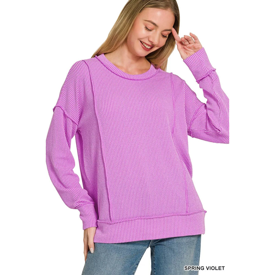 Zenana Corded Rib Long Sleeve Round Neck Top SPRING VIOLET / S Apparel and Accessories